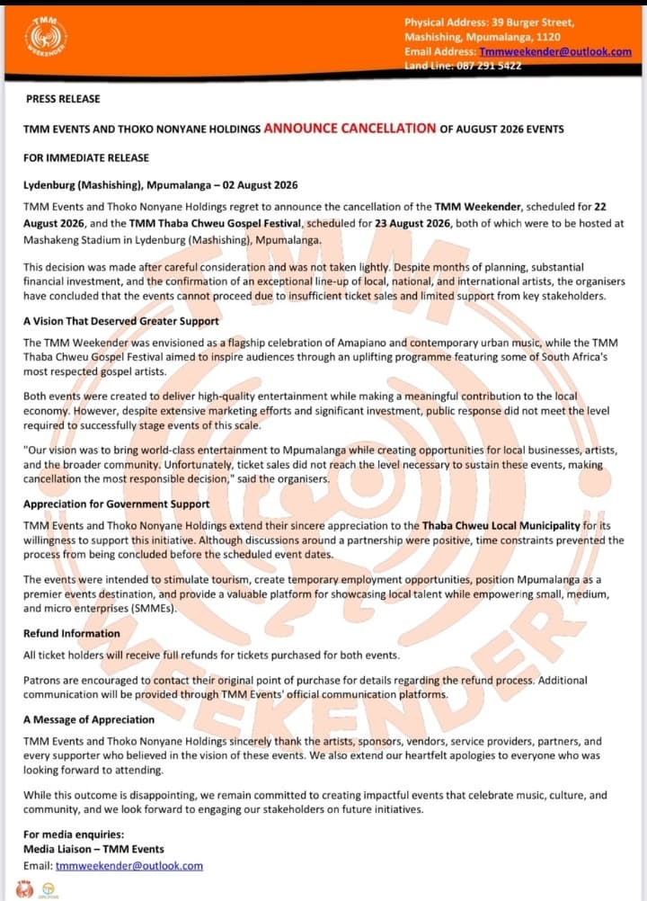 TMM Weekender 2026 Cancelled